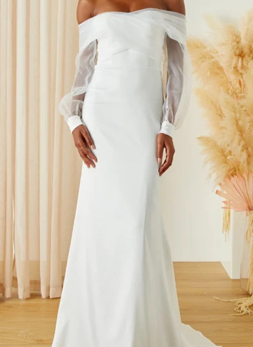 LULU'S SZ M Blissfully Loved White Satin Organza Off-the-Shoulder Maxi Dress B29
